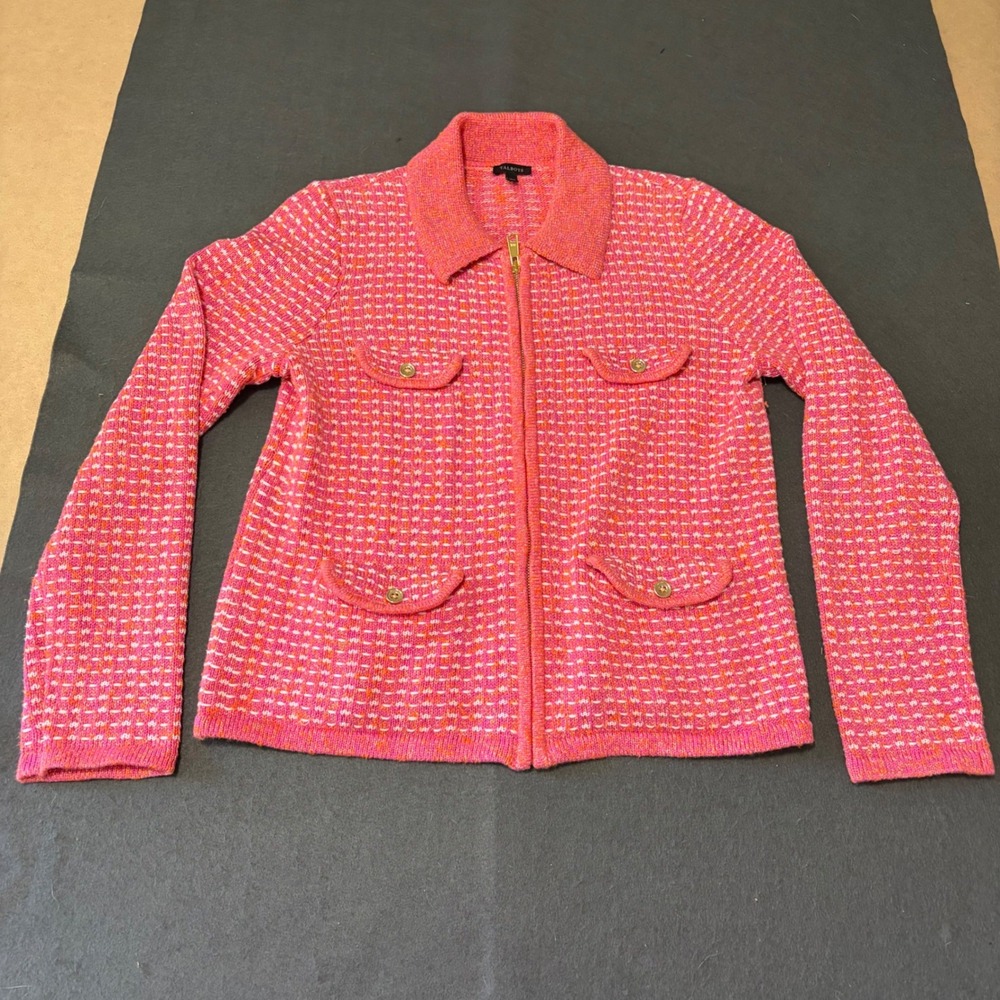 Talbots Zip Front Cardigan Women Size M Pink Orange Tweed Metallic Sweater Core